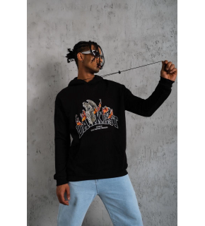 Erkek Kapüşonlu Kanguru Cepli Sweatshirt 3 İplik Pamuklu Baskılı Hoodie - Siyah