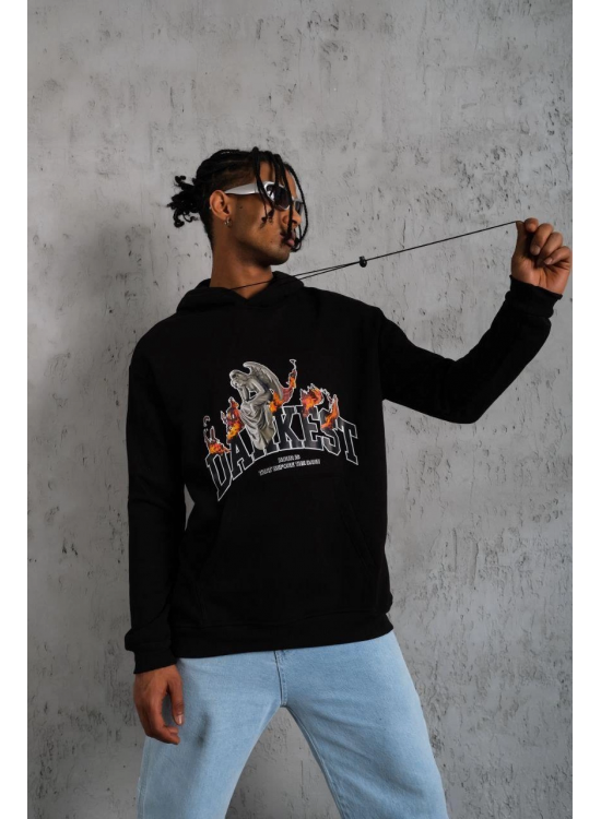 Erkek Kapüşonlu Kanguru Cepli Sweatshirt 3 İplik Pamuklu Baskılı Hoodie - Siyah Erkek Kapüşonlu Kanguru Cepli Sweatshirt 3 İplik Pamuklu Baskılı Hoodie - Siyah