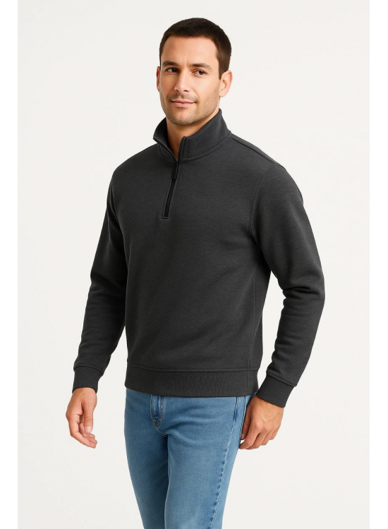Erkek Dik Yaka Yarım Fermuarlı 3 İplik Pamuklu Sweatshirt - Antrasit Erkek Dik Yaka Yarım Fermuarlı 3 İplik Pamuklu Sweatshirt - Antrasit