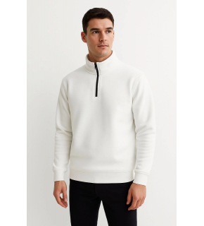 Erkek Dik Yaka Yarım Fermuarlı 3 İplik Pamuklu Sweatshirt - Beyaz