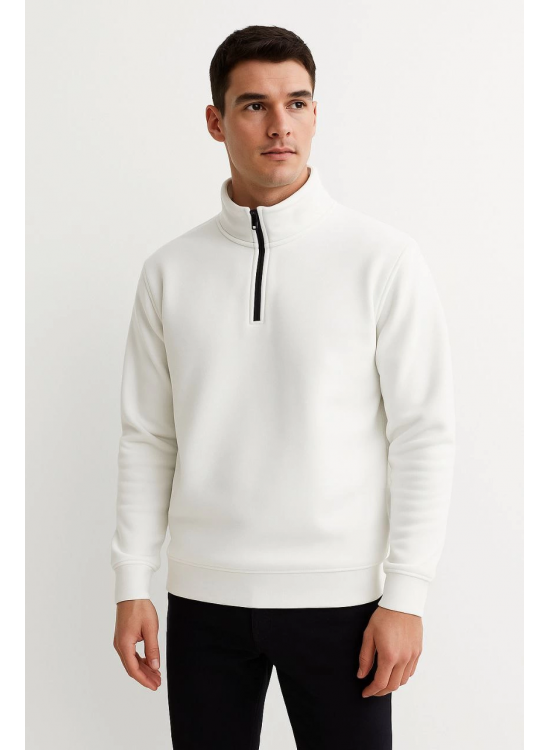 Erkek Dik Yaka Yarım Fermuarlı 3 İplik Pamuklu Sweatshirt - Beyaz Erkek Dik Yaka Yarım Fermuarlı 3 İplik Pamuklu Sweatshirt - Beyaz