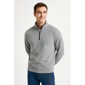 Erkek Dik Yaka Yarım Fermuarlı 3 İplik Pamuklu Sweatshirt - Gri
