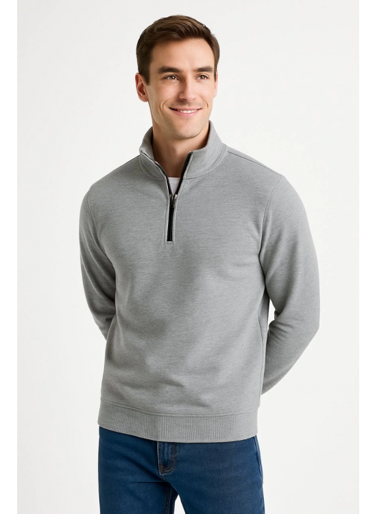 Erkek Dik Yaka Yarım Fermuarlı 3 İplik Pamuklu Sweatshirt - Gri Erkek Dik Yaka Yarım Fermuarlı 3 İplik Pamuklu Sweatshirt - Gri
