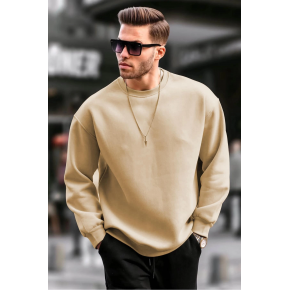 Erkek Düz Bisiklet Yaka 3 iplik pamuklu Sweatshirt - Bej