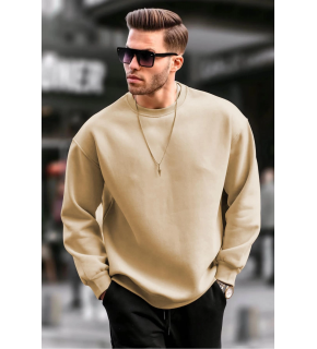 Erkek Düz Bisiklet Yaka 3 iplik pamuklu Sweatshirt - Bej