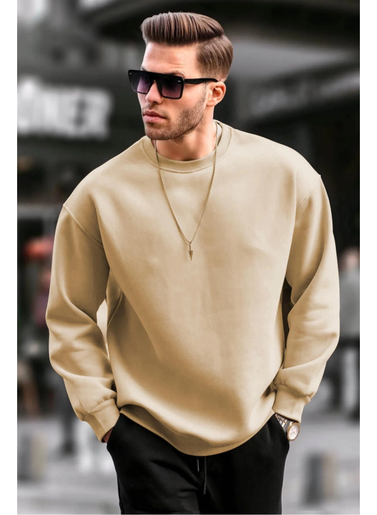 Erkek Düz Bisiklet Yaka 3 iplik pamuklu Sweatshirt - Bej Erkek Düz Bisiklet Yaka 3 iplik pamuklu Sweatshirt - Bej