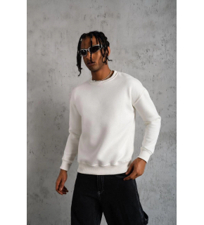 Erkek Düz Bisiklet Yaka 3 iplik pamuklu Sweatshirt - Beyaz