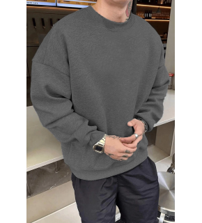 Erkek Düz Bisiklet Yaka 3 iplik pamuklu sweatshirt - Füme