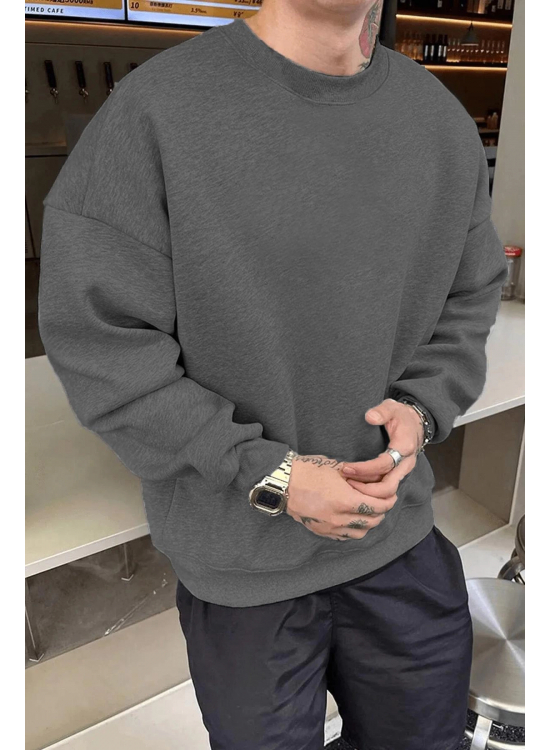 Erkek Düz Bisiklet Yaka 3 iplik pamuklu sweatshirt - Füme Erkek Düz Bisiklet Yaka 3 iplik pamuklu sweatshirt - Füme