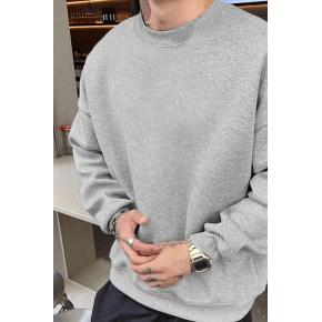 Erkek Düz Bisiklet Yaka 3 iplik pamuklu sweatshirt - Gri