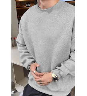 Erkek Düz Bisiklet Yaka 3 iplik pamuklu sweatshirt - Gri