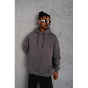 Erkek 3 İplik Pamuklu Kapüşonlu Kanguru Cepli Sweatshirt Hoodie - Gri