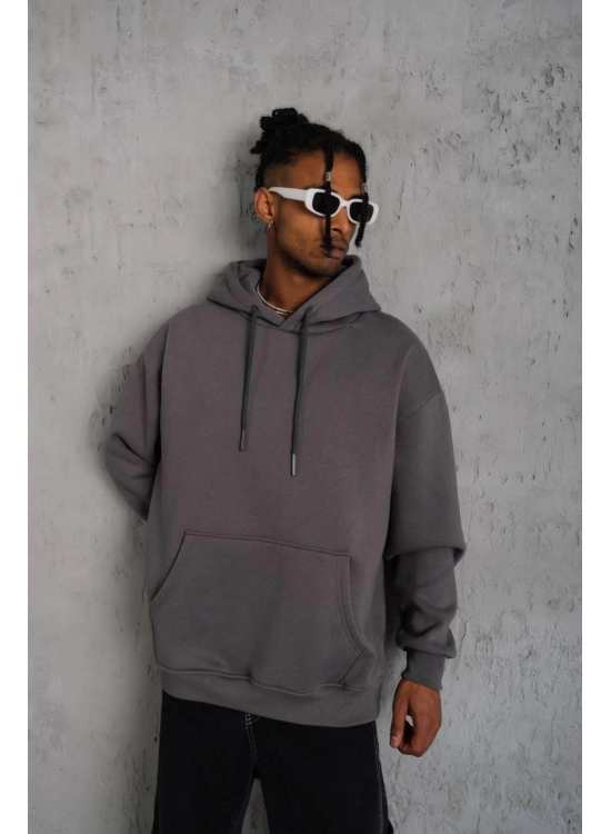 Erkek 3 İplik Pamuklu Kapüşonlu Kanguru Cepli Sweatshirt Hoodie - Gri Erkek 3 İplik Pamuklu Kapüşonlu Kanguru Cepli Sweatshirt Hoodie - Gri