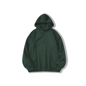 Erkek 3 İplik Pamuklu Kapüşonlu Kanguru Cepli Sweatshirt Hoodie -  Koyu Yeşil