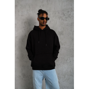 Erkek 3 İplik Pamuklu Kapüşonlu Kanguru Cepli Sweatshirt Hoodie -  Siyah