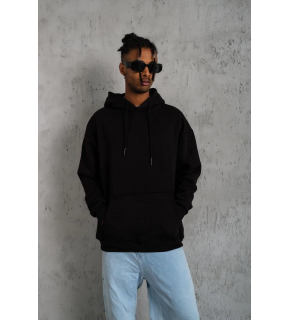 Erkek 3 İplik Pamuklu Kapüşonlu Kanguru Cepli Sweatshirt Hoodie -  Siyah