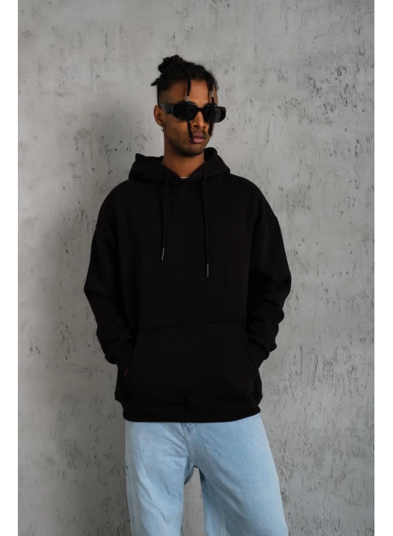 Erkek 3 İplik Pamuklu Kapüşonlu Kanguru Cepli Sweatshirt Hoodie - Siyah Erkek 3 İplik Pamuklu Kapüşonlu Kanguru Cepli Sweatshirt Hoodie - Siyah