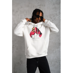 Erkek Kapüşonlu Cepli Boks Eldiven Baskılı 3 İplik Sweatshirt Hoodie - Beyaz