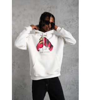 Erkek Kapüşonlu Cepli Boks Eldiven Baskılı 3 İplik Sweatshirt Hoodie - Beyaz