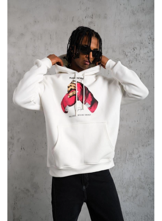 Erkek Kapüşonlu Cepli Boks Eldiven Baskılı 3 İplik Sweatshirt Hoodie - Beyaz Erkek Kapüşonlu Cepli Boks Eldiven Baskılı 3 İplik Sweatshirt Hoodie - Beyaz