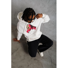 Erkek Kapüşonlu Cepli Boks Eldiven Baskılı 3 İplik Sweatshirt Hoodie - Beyaz