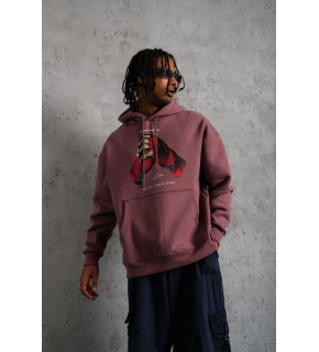 Erkek Kapüşonlu Cepli Box Eldiven Baskılı 3 İplik Sweatshirt Hoodie - Gül Kurusu