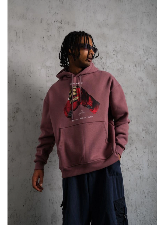 Erkek Kapüşonlu Cepli Box Eldiven Baskılı 3 İplik Sweatshirt Hoodie - Gül Kurusu Erkek Kapüşonlu Cepli Box Eldiven Baskılı 3 İplik Sweatshirt Hoodie - Gül Kurusu
