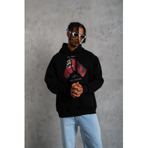 Erkek Kapüşonlu Cepli Box Eldiven Baskılı 3 İplik Sweatshirt Hoodie - Siyah