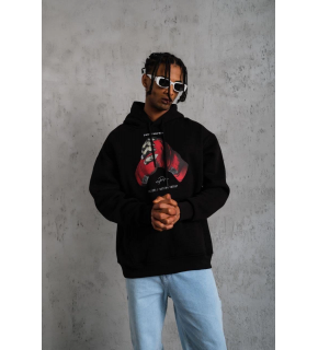 Erkek Kapüşonlu Cepli Box Eldiven Baskılı 3 İplik Sweatshirt Hoodie - Siyah