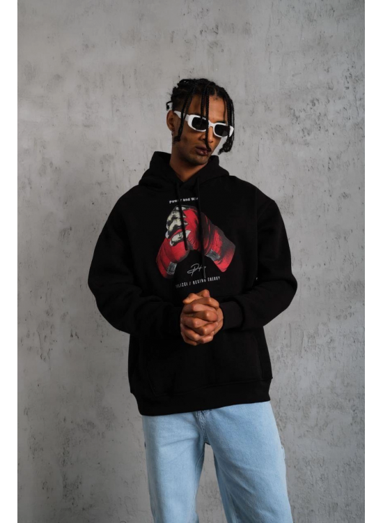 Erkek Kapüşonlu Cepli Box Eldiven Baskılı 3 İplik Sweatshirt Hoodie - Siyah Erkek Kapüşonlu Cepli Box Eldiven Baskılı 3 İplik Sweatshirt Hoodie - Siyah