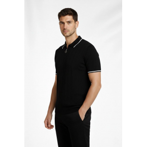Erkek Yazlık Dokuma Triko Tişört Fermuarlı Polo Yaka Kısa Kol T-Shirt - Siyah
