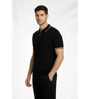 Erkek Yazlık Dokuma Triko Tişört Fermuarlı Polo Yaka Kısa Kol T-Shirt - Siyah