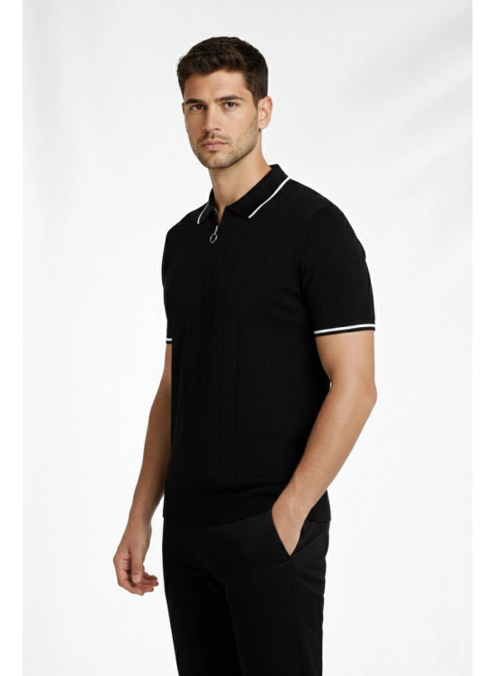 Erkek Yazlık Dokuma Triko Tişört Fermuarlı Polo Yaka Kısa Kol T-Shirt - Siyah Erkek Yazlık Dokuma Triko Tişört Fermuarlı Polo Yaka Kısa Kol T-Shirt - Siyah
