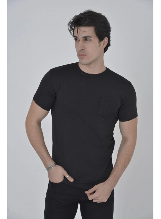 Erkek File Çepli  T-Shirt Kısa Kol Bisiklet Yaka Slimfit Tişört - Siyah