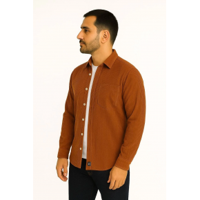 Erkek Fitilli Kadife Cepli Gömlek Oversize Rahat Kalıp - Kahverengi