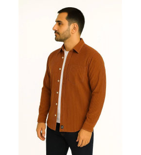 Erkek Fitilli Kadife Cepli Gömlek Oversize Rahat Kalıp - Kahverengi
