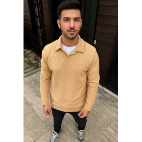 Erkek Fitilli Polar Sweatshirt Düğmesiz Yaka Oversize - Bej