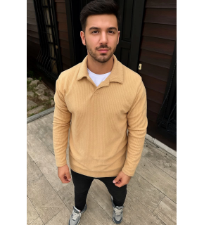 Erkek Fitilli Polar Sweatshirt Düğmesiz Yaka Oversize - Bej