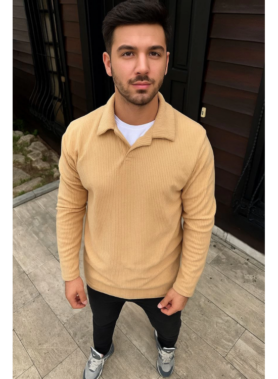 Erkek Fitilli Polar Sweatshirt Düğmesiz Yaka Oversize - Bej Erkek Fitilli Polar Sweatshirt Düğmesiz Yaka Oversize - Bej