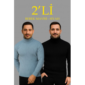 Erkek Fitilli Kazak Tam Boğazlı Balıkçı Yaka Triko 2'li Set Bebek Mavisi-Siyah