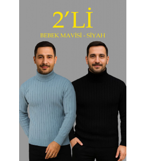 Erkek Fitilli Kazak Tam Boğazlı Balıkçı Yaka Triko 2'li Set Bebek Mavisi-Siyah