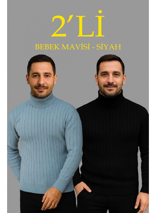 Erkek Fitilli Kazak Tam Boğazlı Balıkçı Yaka Triko 2'li Set Bebek Mavisi-Siyah Erkek Fitilli Kazak Tam Boğazlı Balıkçı Yaka Triko 2'li Set Bebek Mavisi-Siyah