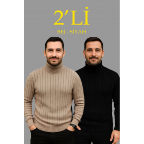 Erkek Fitilli Kazak Tam Boğazlı Balıkçı Yaka Triko 2'li Set Bej-Siyah