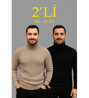 Erkek Fitilli Kazak Tam Boğazlı Balıkçı Yaka Triko 2'li Set Bej-Siyah