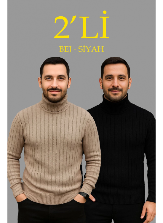Erkek Fitilli Kazak Tam Boğazlı Balıkçı Yaka Triko 2'li Set Bej-Siyah Erkek Fitilli Kazak Tam Boğazlı Balıkçı Yaka Triko 2'li Set Bej-Siyah