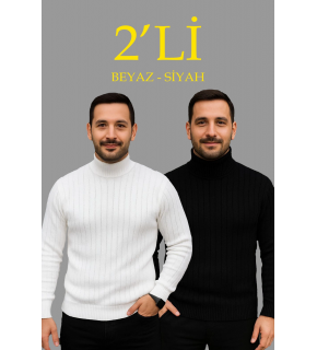 Erkek Fitilli Kazak Tam Boğazlı Balıkçı Yaka Triko 2'li Set Beyaz-Siyah