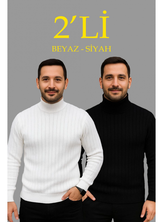 Erkek Fitilli Kazak Tam Boğazlı Balıkçı Yaka Triko 2'li Set Beyaz-Siyah Erkek Fitilli Kazak Tam Boğazlı Balıkçı Yaka Triko 2'li Set Beyaz-Siyah