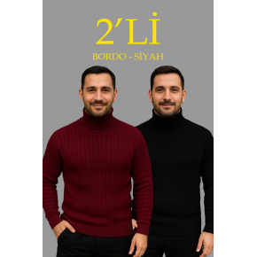 Erkek Fitilli Kazak Tam Boğazlı Balıkçı Yaka Triko 2'li Set Bordo-Siyah