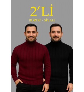 Erkek Fitilli Kazak Tam Boğazlı Balıkçı Yaka Triko 2'li Set Bordo-Siyah