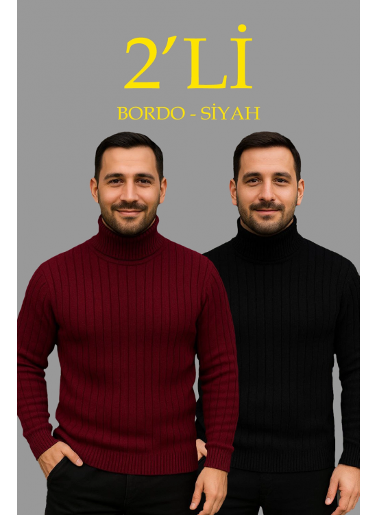 Erkek Fitilli Kazak Tam Boğazlı Balıkçı Yaka Triko 2'li Set Bordo-Siyah Erkek Fitilli Kazak Tam Boğazlı Balıkçı Yaka Triko 2'li Set Bordo-Siyah